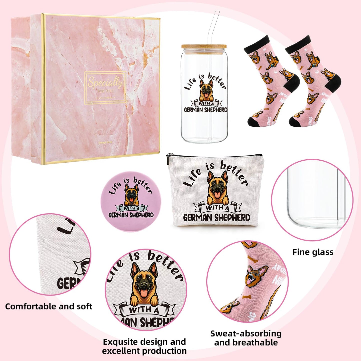 Kacctyen 5 Pcs Christmas German Shepherd Gifts for Women German Shepherd Dog Lover Gifts 16oz Glass Cup Tumbler with Lid Straw Makeup Cosmetic Bag Pocket Mirror Sock for Pet Mom Birthday Party Favors