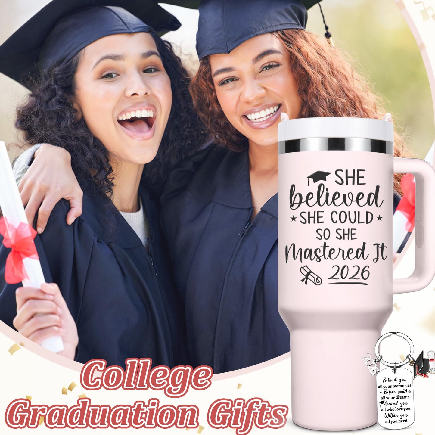Lifecapido Graduation Gifts for Her, She Believed She Could So She Mastered It 2026 40oz Tumbler with Key Chain, College Masters Degree Graduation Gifts for Graduates Friends Classmates, Rose Quartz