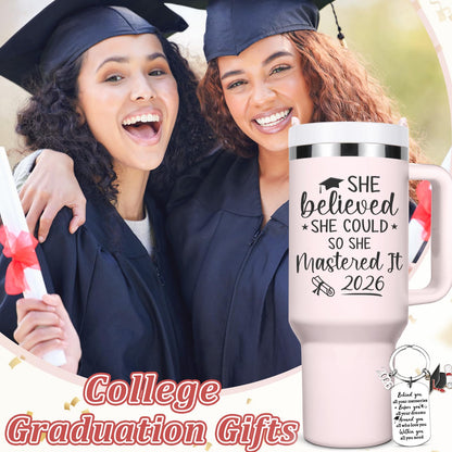 Lifecapido Graduation Gifts for Her, She Believed She Could So She Mastered It 2026 40oz Tumbler with Key Chain, College Masters Degree Graduation Gifts for Graduates Friends Classmates, Rose Quartz