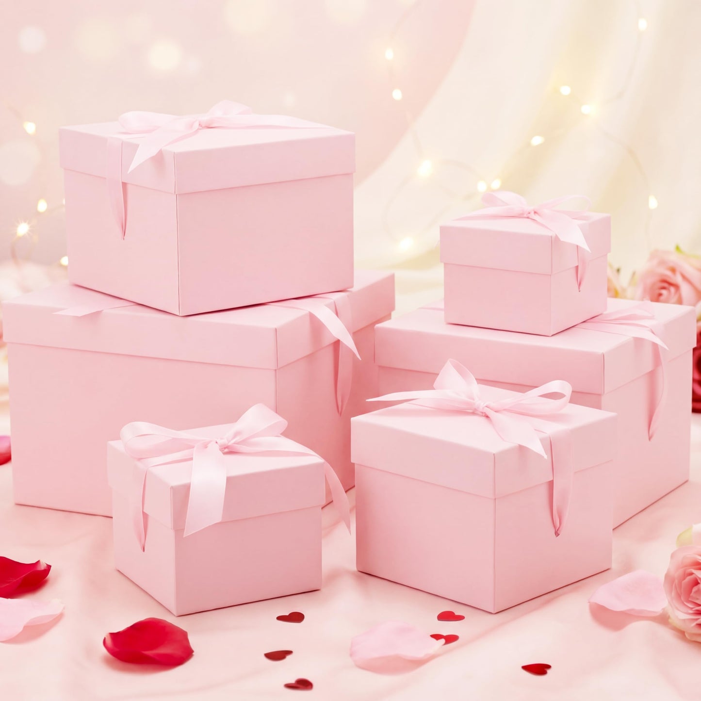 Cholemy 6 Pcs Nesting Gift Boxes with Lid Square Nesting Gift Boxes for Presents Packaging with Ribbon Easter Anniversaries Bridal Shower Birthday Wedding Party Favor(Pink)