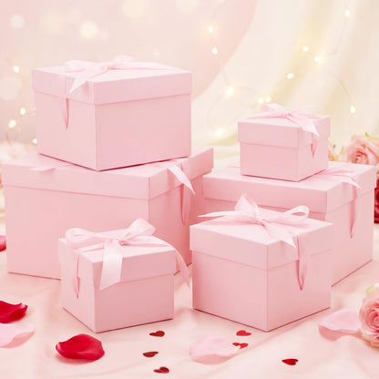 Cholemy 6 Pcs Nesting Gift Boxes with Lid Square Nesting Gift Boxes for Presents Packaging with Ribbon Easter Anniversaries Bridal Shower Birthday Wedding Party Favor(Pink)