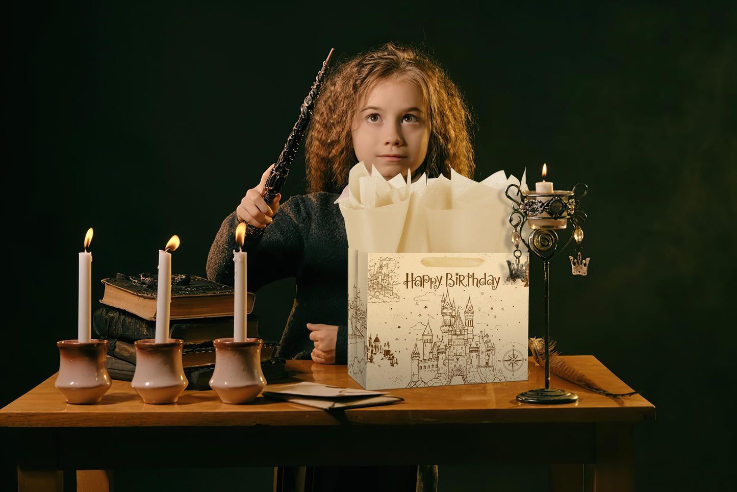 Ranfashiong 13" Brown Magic Wizard Gift Bag with Tissue Paper, Vintage Design Kraft Ancient Castle Princess Birthday Party Favor for Baby Shower, Girl, Boys Wrapping