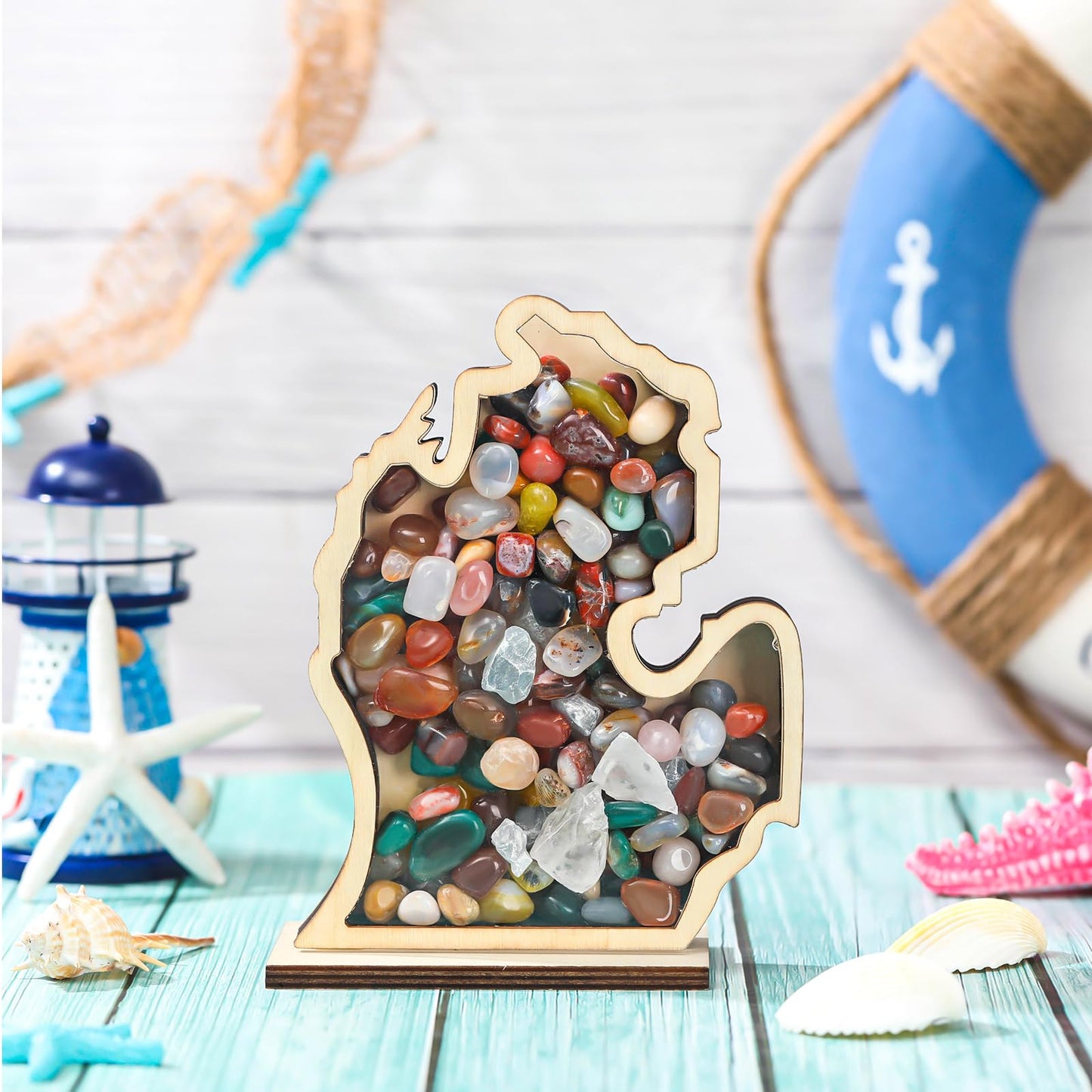 CroBlissful Michigan Shaped Wooden Shadow Box with Acrylic Window, Shadow Boxes Display Cases for Agates, Shark Teeth Starfish Trinket Coastal Decor Christmas Bedroom Living Room Gift