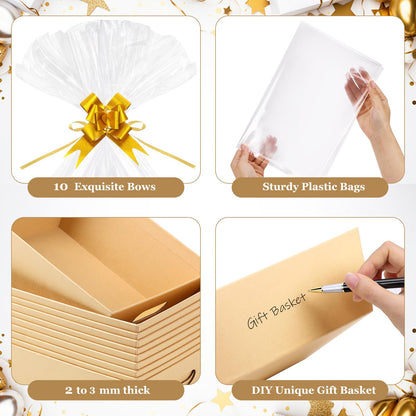 AFOROEOA 10PACK Baskets For Gifts Empty, 10 x 8”Thick Kraft Gift Basket with 10 Clear Gift Bags and 10 Pull Bows, Empty Gift Baskets for Christmas, Thanksgiving Wedding Birthday Party Wrapping Gift