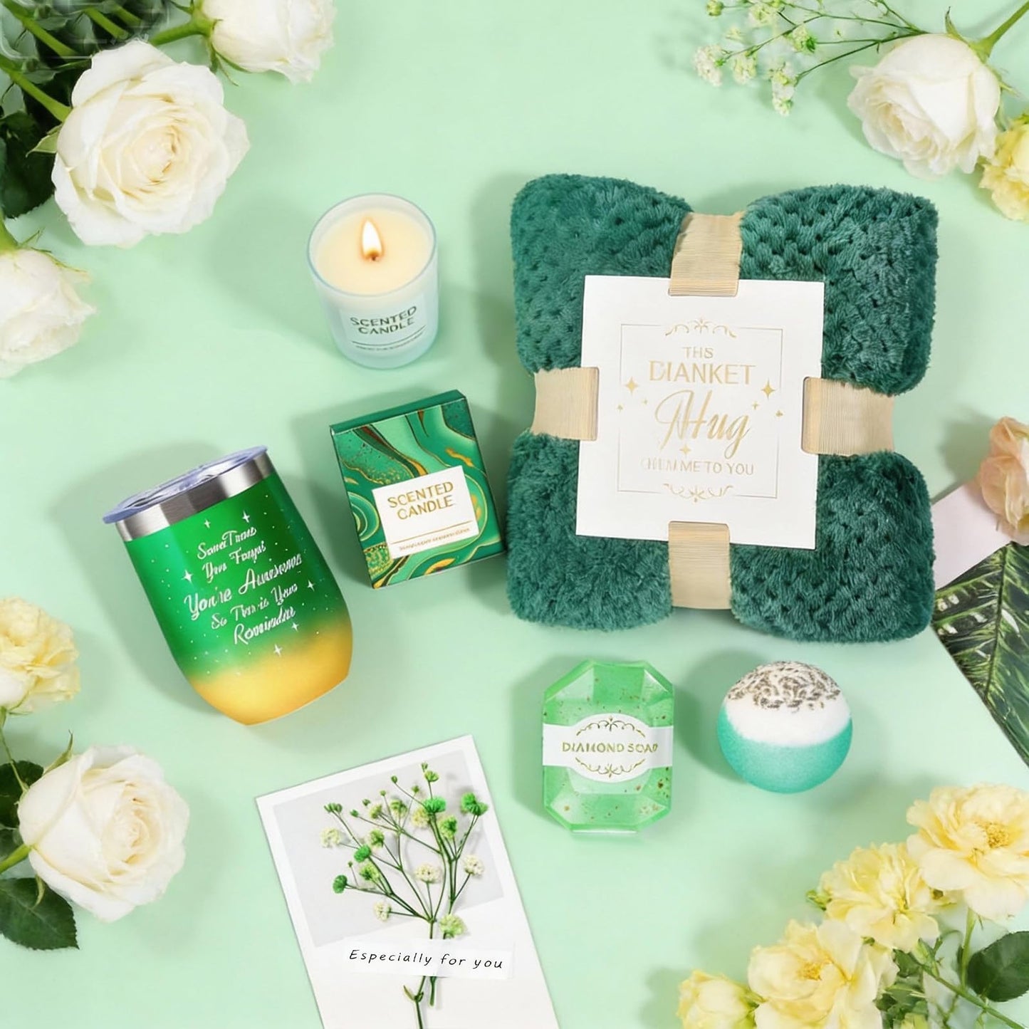 Birthday Gifts for Women, Thank You Gifts, Get Well Soon Relaxing Spa Gift Basket with Flannel Blanket for Mom, Grandma, Sister, Wife, Girlfriend, Teacher Appreciation Graduation Gift (green)