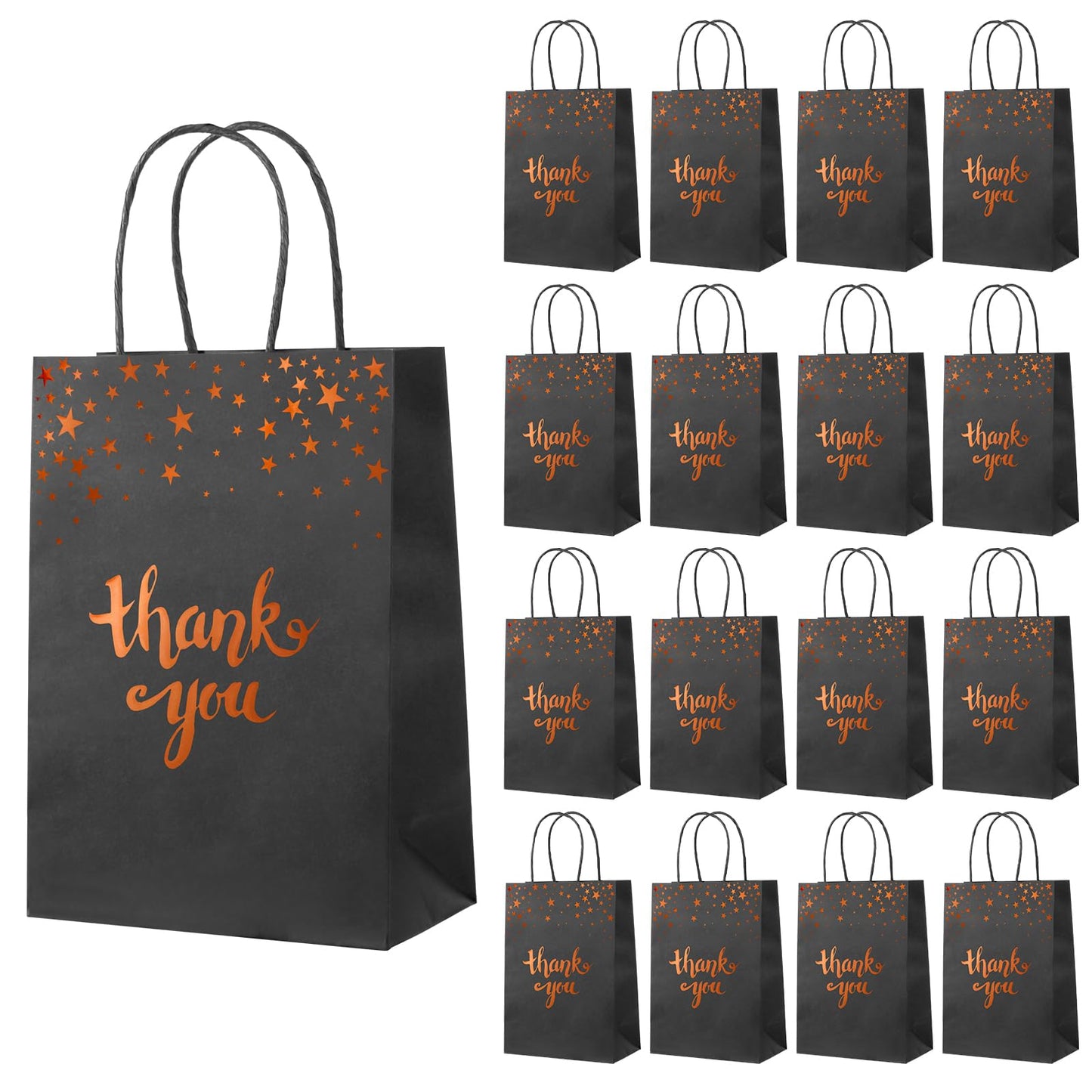 Kiooaci 16 Pcs Thank You Gift Bags Bulk Paper Gold Thank You Bags with Handle Party Favor for Wedding Birthday Baby Shower Business Shopping(Black)