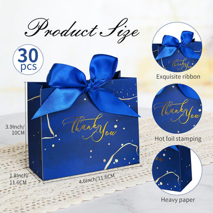 DECHISY 30Pack Small Thank You Gift Bags,Marble Pattern Party Favor Bags with Blue Bow Ribbon,4.5x1.8x3.9Inches,Paper Bags for Birthday Wedding Bridesmaid Holiday Valentines Day(Blue)