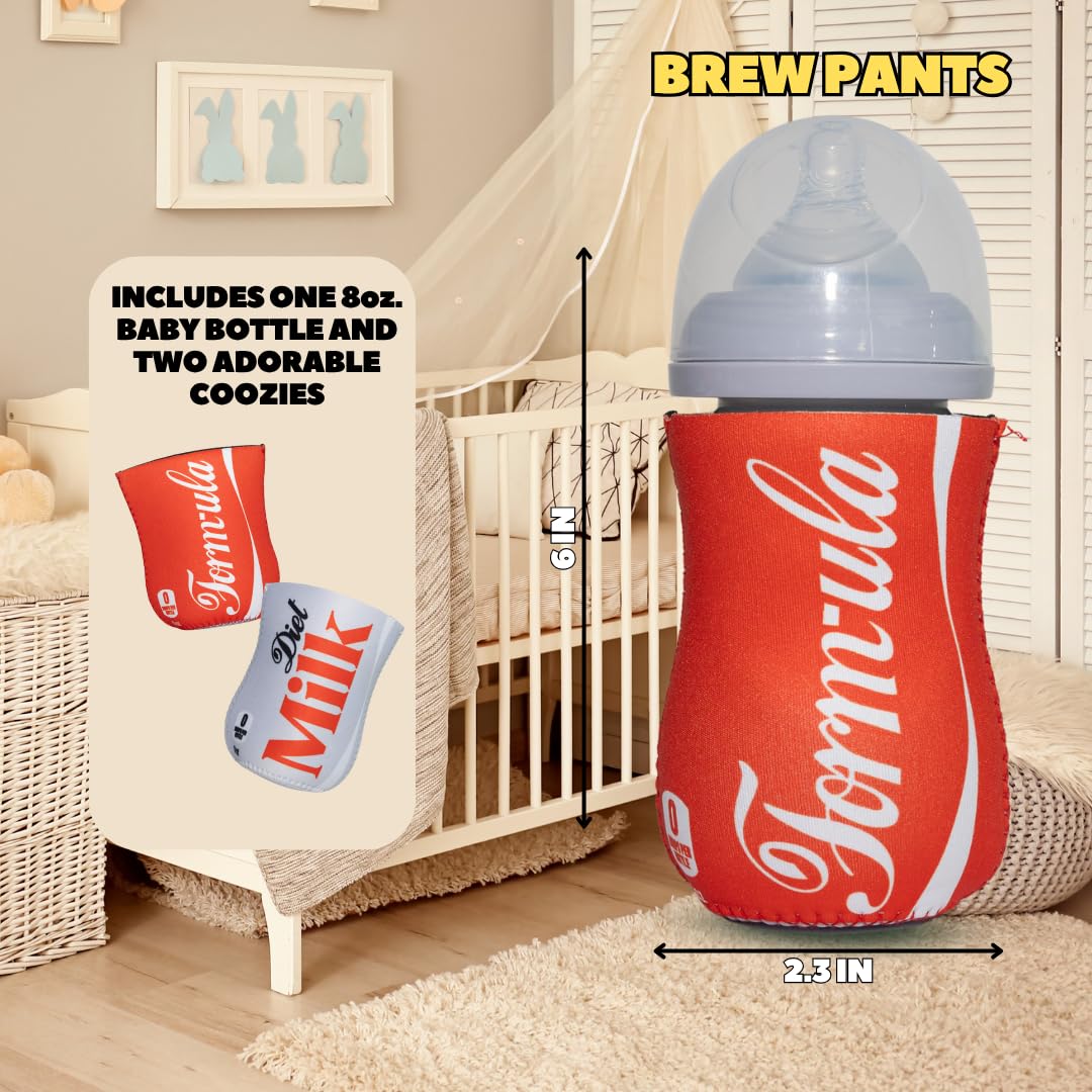 Soft Drink Themed Coozies for Baby Bottles - Funny Gift for New Parents & Baby Showers - (2 Premium Designed Neoprene Coozies + BPA/Lead/Phthalate Free Bottle Included)