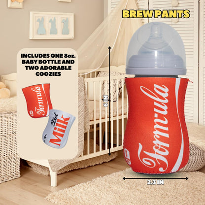 Soft Drink Themed Coozies for Baby Bottles - Funny Gift for New Parents & Baby Showers - (2 Premium Designed Neoprene Coozies + BPA/Lead/Phthalate Free Bottle Included)