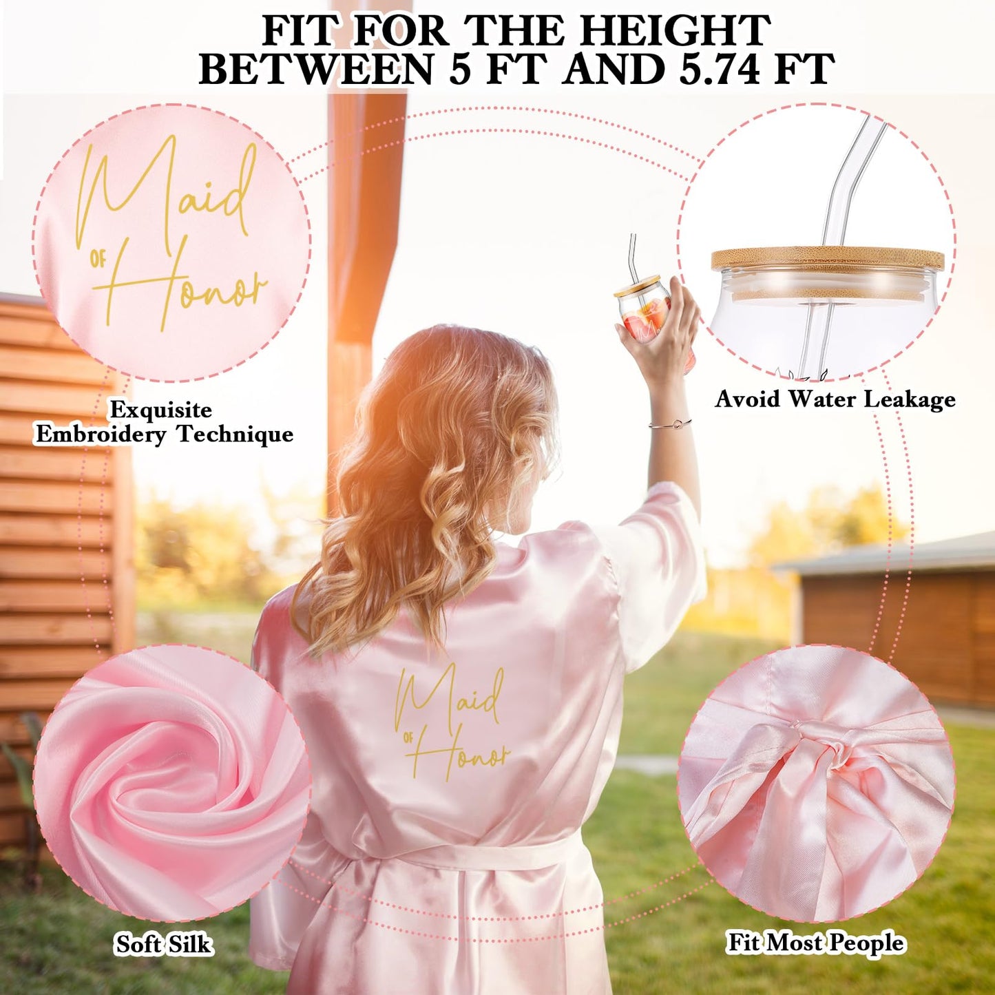 Irenare 8 Pcs Proposal Gifts Set Robes Makeup Bag Cup Cards Hair Tie Bracelet Diamond Pen Bridesmaid Gift Box(Pink,Maid of Honor)