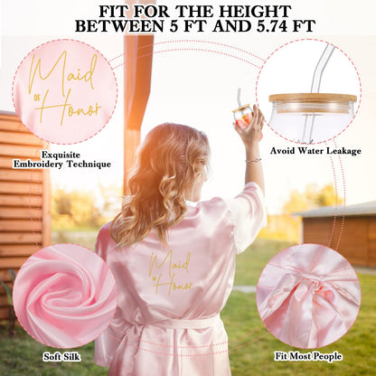 Irenare 8 Pcs Proposal Gifts Set Robes Makeup Bag Cup Cards Hair Tie Bracelet Diamond Pen Bridesmaid Gift Box(Pink,Maid of Honor)
