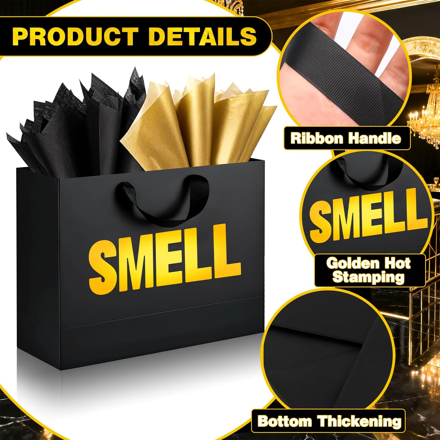 5 Senses Gift Bags for Him with Labels Tissue Paper, Five Senses Party Decoration Rose Petals Black Gold Balloons Greeting Card and Sign Holder Stand for Husband Boyfriend Birthday Party Decor