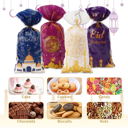 Eid Mubarak Treat Bags, 120 PCS Ramadan Goodie Bags, Eid Mubarak Gift Bag, Plastic Ramadan Candy Cookie Snack Treat Bag with Twist Ties Gifts for Islam Muslim Ramadan Party Decorations Favor Supplies