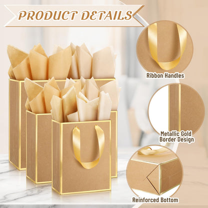 Yeaqee 12 Pcs Metallic Paper Gift Bag with Handle Tissue Paper Assorted Size Include 8" 10" 13" Thank You 5 Senses Gift Bag for Him Her Birthday Wedding Groomsmen Bridesmaid(Kraft,Gold)