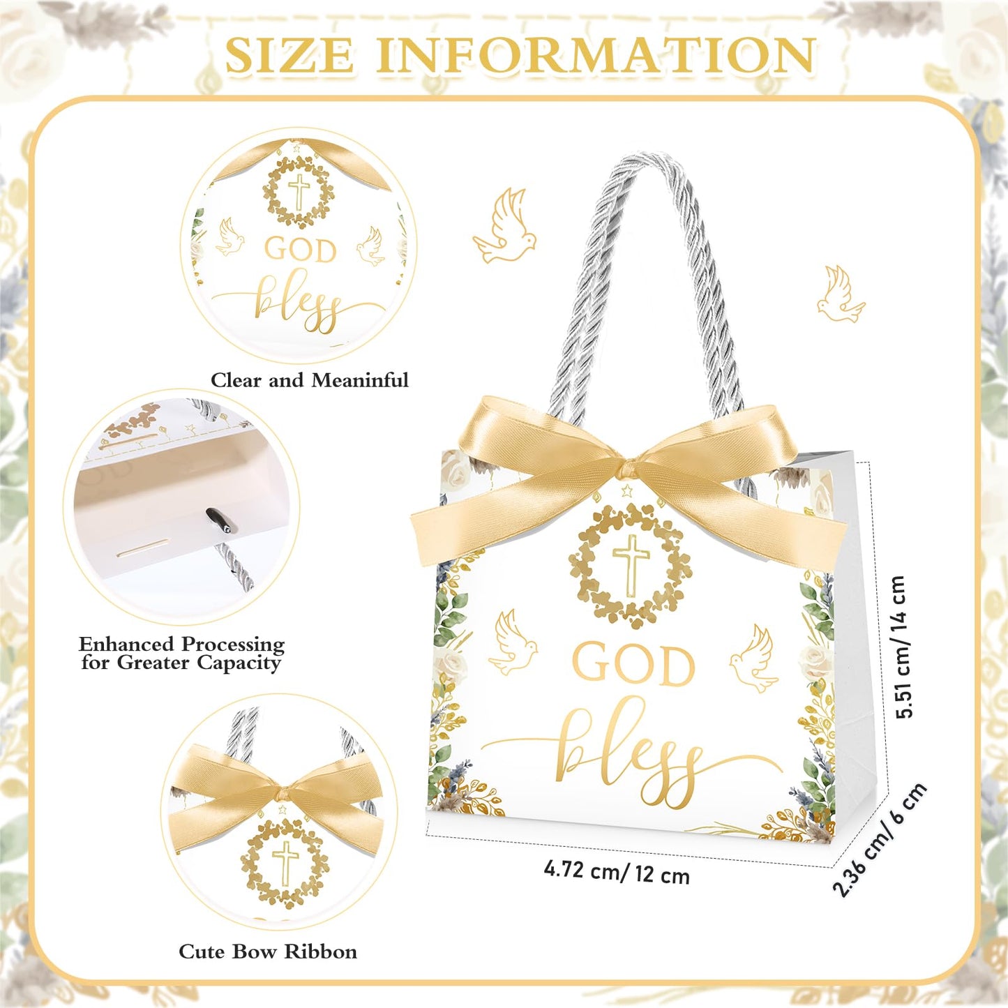 Kolldenn 25 Pack Baptism Gift Bags for Guests Gold God Bless Paper Gift Bags with Handles and Bow Ribbon for Baptism Guests Theme Party Favors Christenings Easter