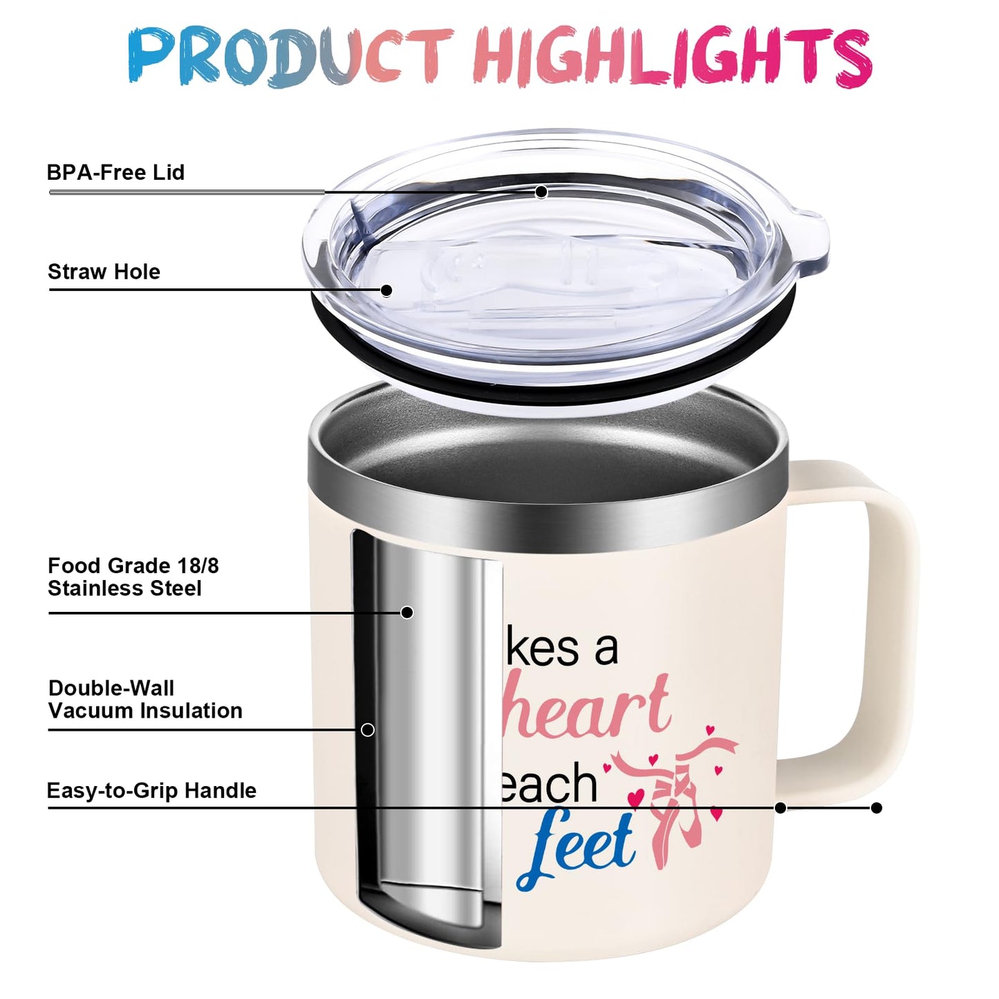 Lifecapido Dance Teacher Gifts, It Takes A Big Heart to Teach Little Feet Coffee Mug, Dance Teacher Appreciation Gifts for Dance Lover, 14Oz Stainless Steel Coffee Mug, Creamy White