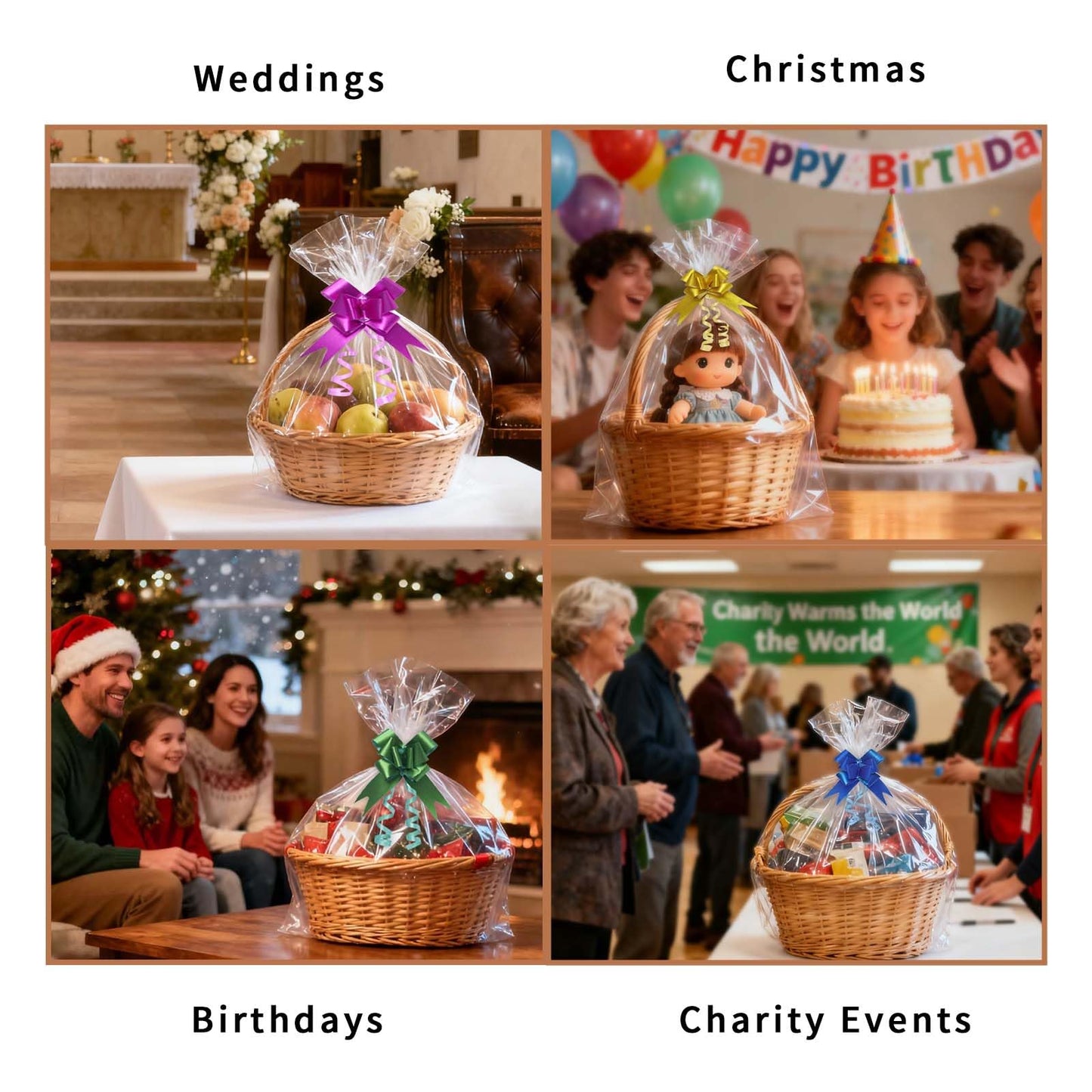 Volokitx 7-Pack 40x50 Inch Clear Cellophane Bags with 8 Colorful Pull Bows,Extra Large Cellophane Wrap for Gift Baskets, Baby Showers, Raffles, and Charity Auctions