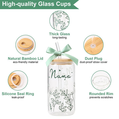 Gifts for Nana-Bow Glass Cup Nana Gift Cute Iced Coffee Cup with Lids and Straws for Grandma Birthday Gifts Mother day Grandmother Presents Stuff from Granddaughter Grandson Grandkids 16OZ