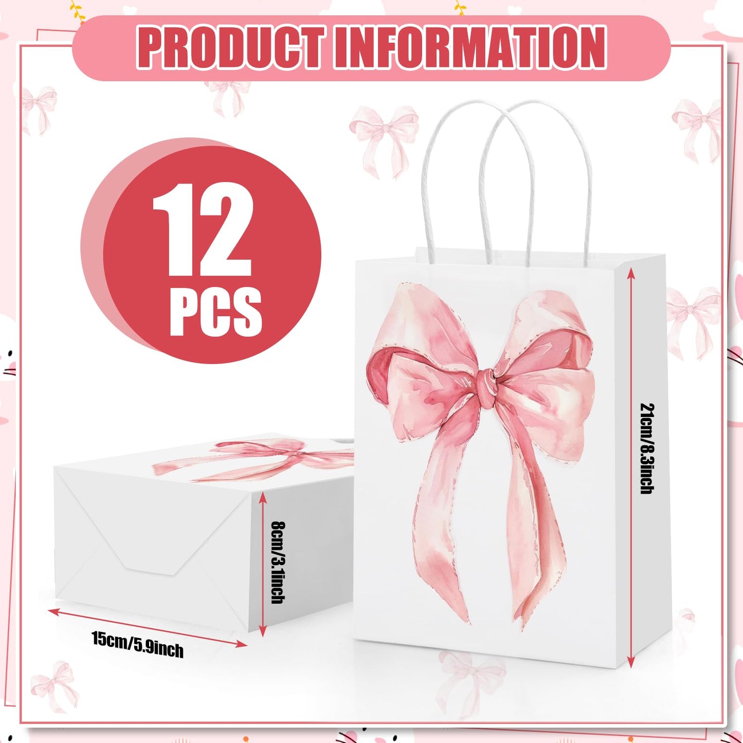 Draupnir 12PCS Coquette Pink Bow Paper Gift Bags, Party Favor Bags, Pink Goodie Bags for Birthday&Bachelorette Party Decoration Coquette Bow Gift Pouches with Handles 8.3x5.9x3.1 Inch