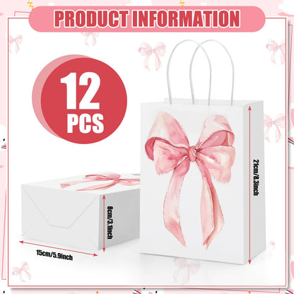 Draupnir 12PCS Coquette Pink Bow Paper Gift Bags, Party Favor Bags, Pink Goodie Bags for Birthday&Bachelorette Party Decoration Coquette Bow Gift Pouches with Handles 8.3x5.9x3.1 Inch