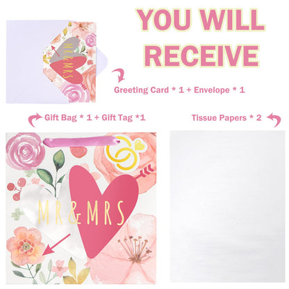 WRAPAHOLIC 10.5" Medium Gift Bags with Card and Tissue Paper - Mr & Mrs Design for Weddings, Engagements, Bridal Showers, Anniversary, Gift Wrap