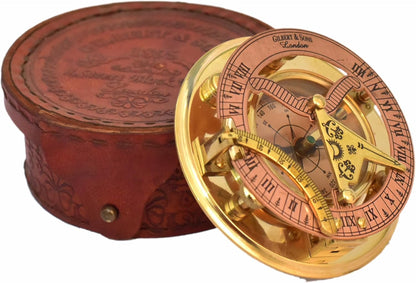 Personalized Engraved Antique Brass & Copper Sundial Compass, Sundial Clock in Leather Box Gift Sun Clock Ship Replica Watch