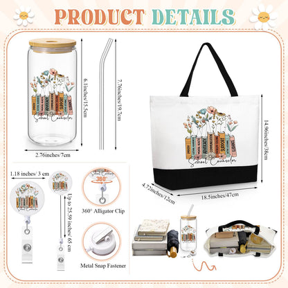 Vesici 3 Pcs School Counselor Teacher Appreciation Gifts for Women, 16 oz Glass Cup Large Canvas Tote Bag with Retractable Badge Reel Teacher Appreciation Week Gifts for Instructor Graduation Favors