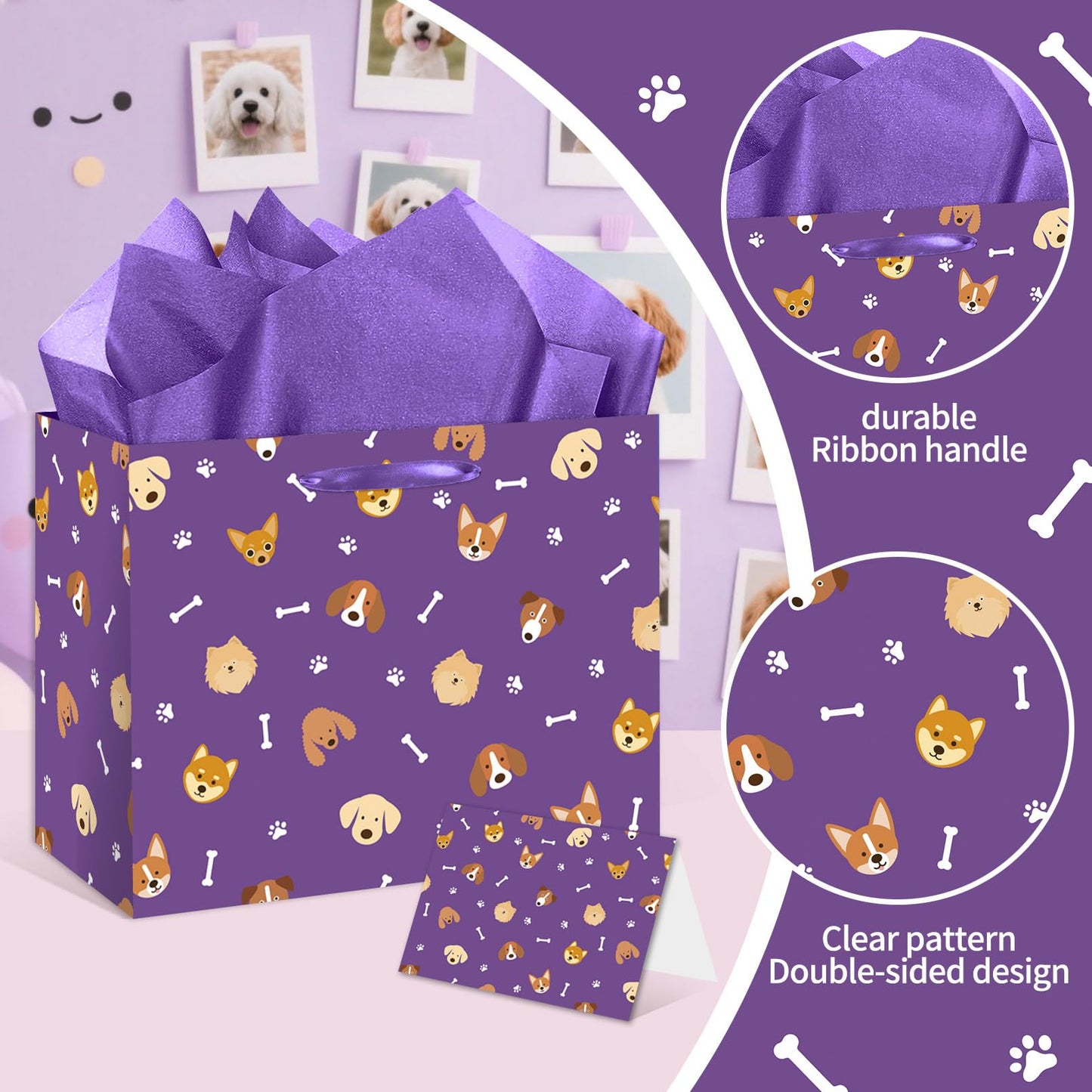 HSKMAKE Purple Dog Gift Bag Large Dog Paw Print Gift Bag with Card and Tissue Papers for Men, Women, Boys, Girls, Kids, Puppy Themed Baby Shower Birthday Party Favor Supplies