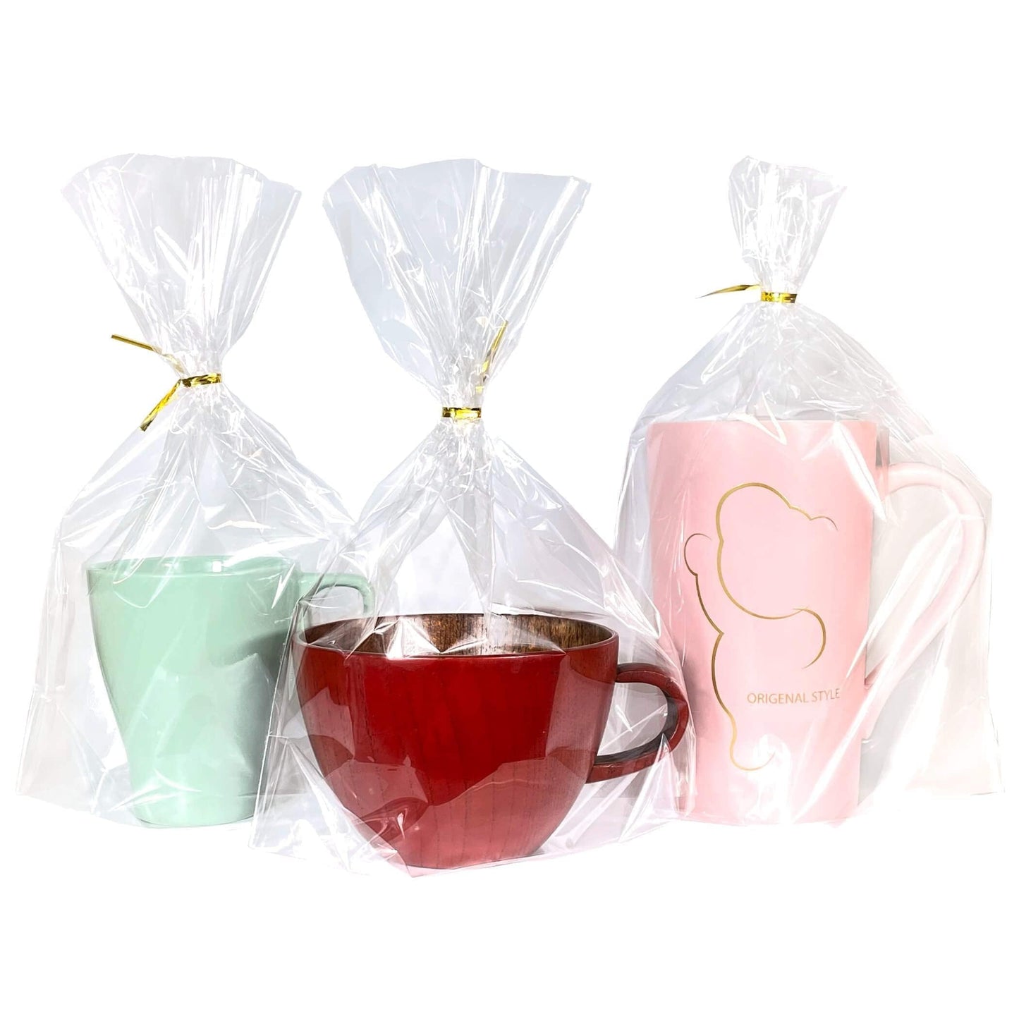 PigPotParty Cellophane Bags 8x11 Inch, 50 Pack Clear Plastic Gift Bags with Bottom Gusset for Stand-Up Display, Medium Cello Gift Wrap for Goodies, Treats, Party Favors, Mugs, Includes 50 Gold Ties