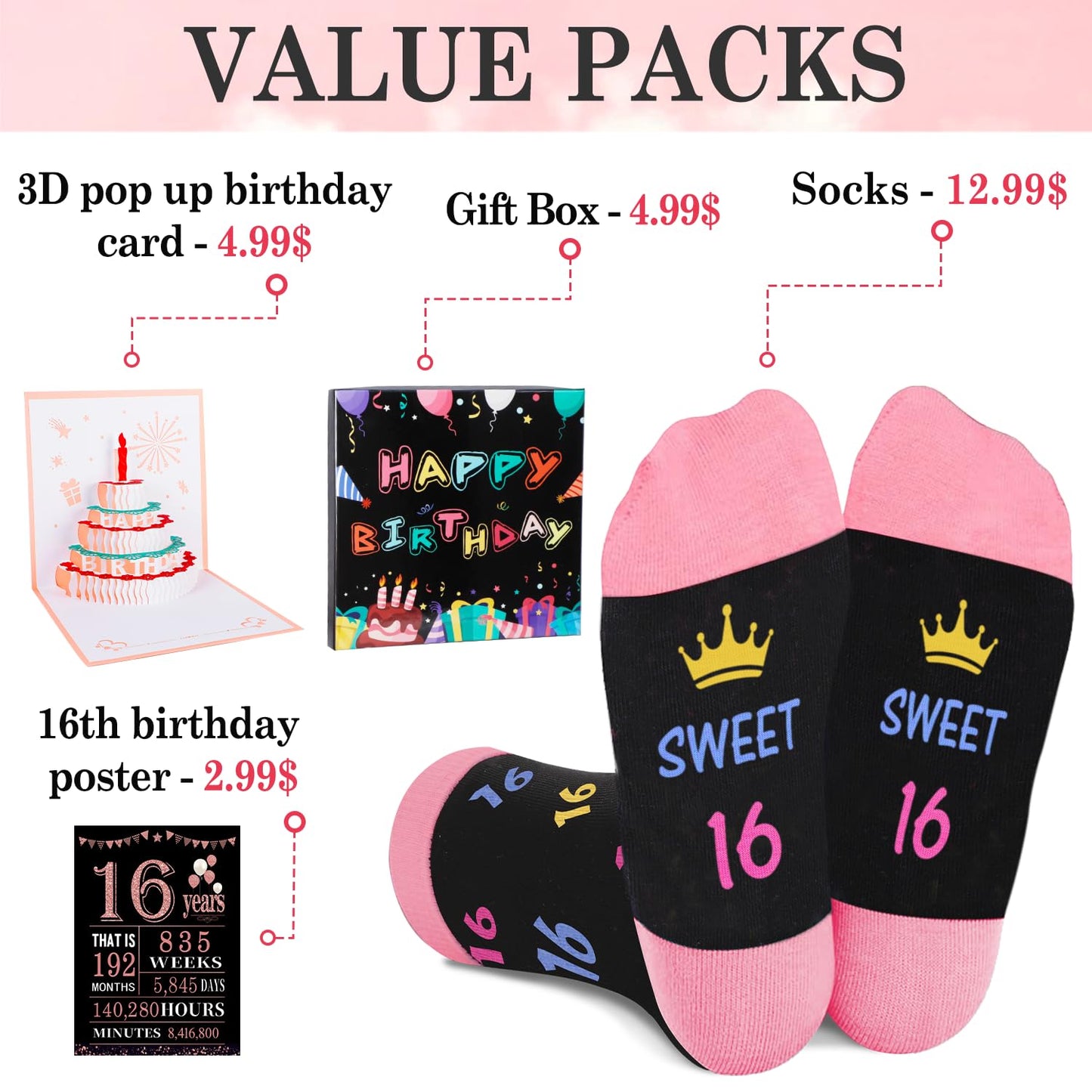 Juesly 5-18 Years Old Birthday Gifts for Girls - Socks for Girls with Pop up Birthday Card, Presents for 5-18 Year Old Grils