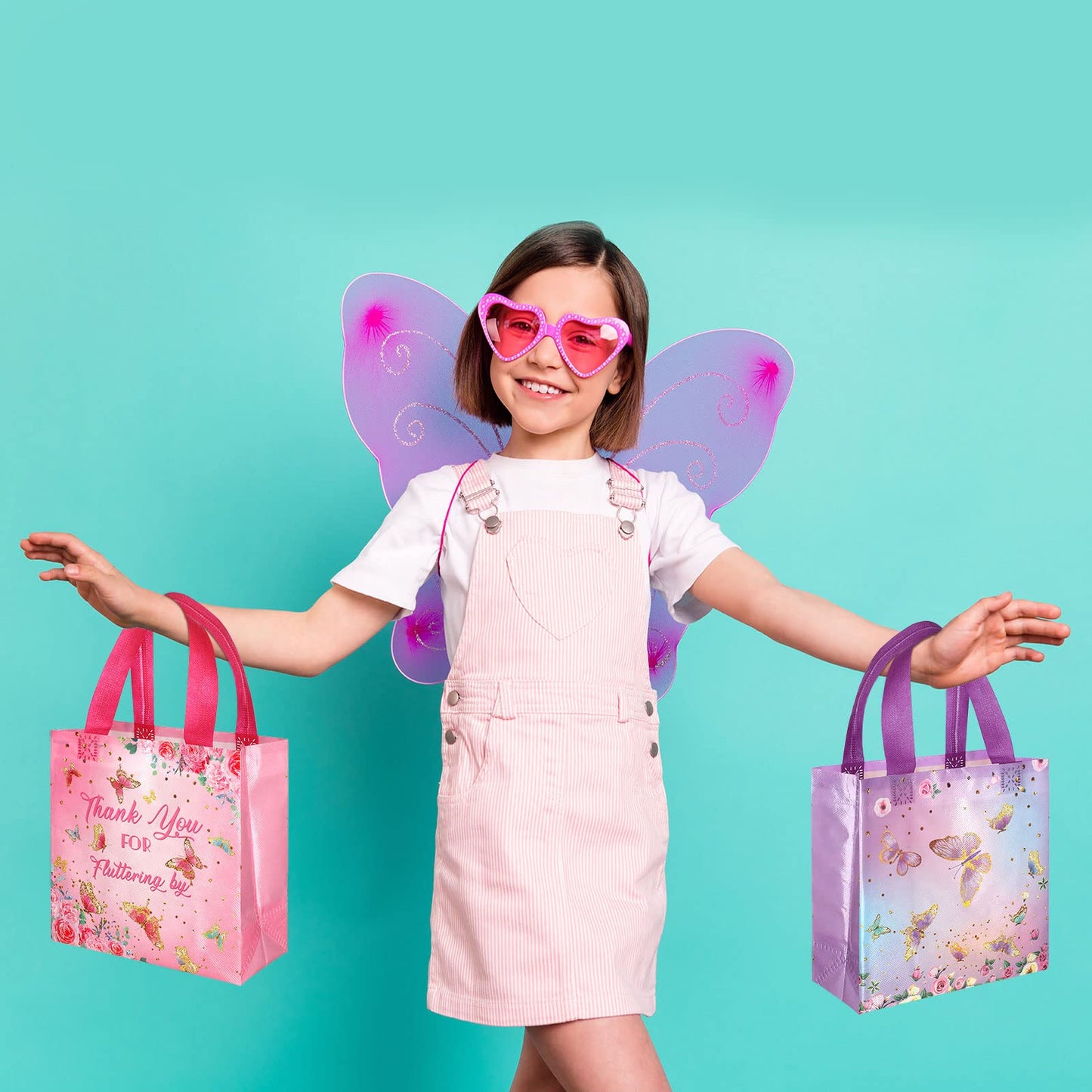 Sweetude 40 Pcs Butterfly Gift Bags Pink and Purple Reusable Totes with Handles Non Woven Butterfly Stylish Candy Bags for Birthday Party
