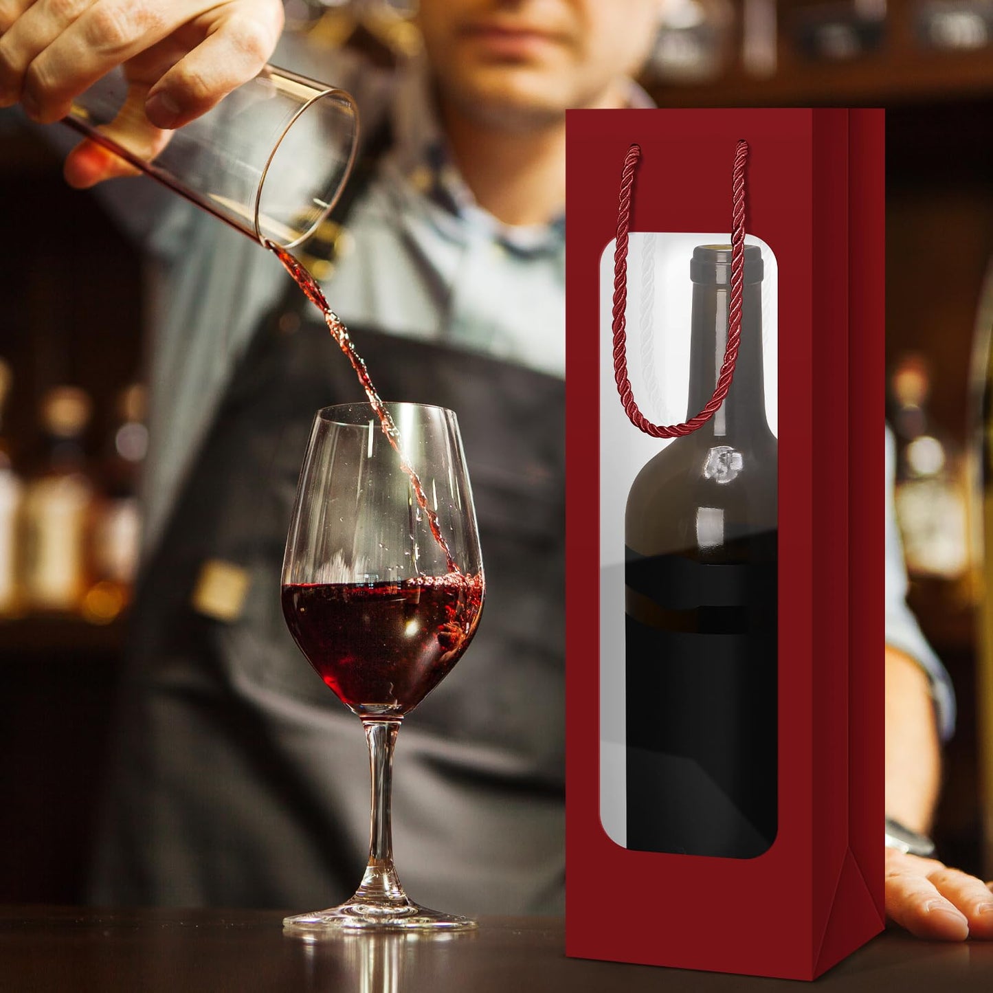 Tioncy 24 Pcs Single Wine Bottle Gift Bag Bulk Wedding Champagne Boxes with Clear Window Handles Reusable Holiday Party Favor(Burgundy)