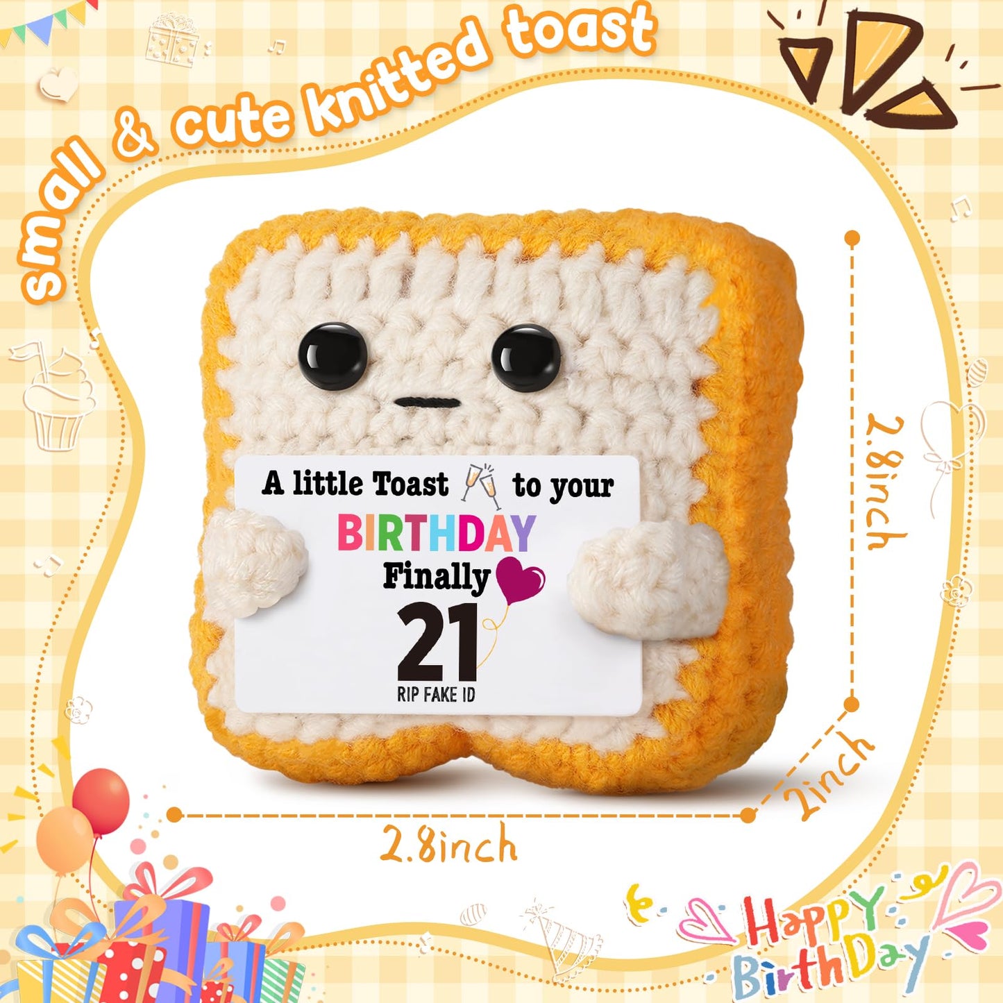 Finally 21 - Funny 21st Birthday Gift for Her Him - Crochet Toast with 'RlP Fake ID' Gag Message - Unique Adult Birthday Decor & Keepsake for Daughter, Son, Friend, Sister female Male From Mom Dad