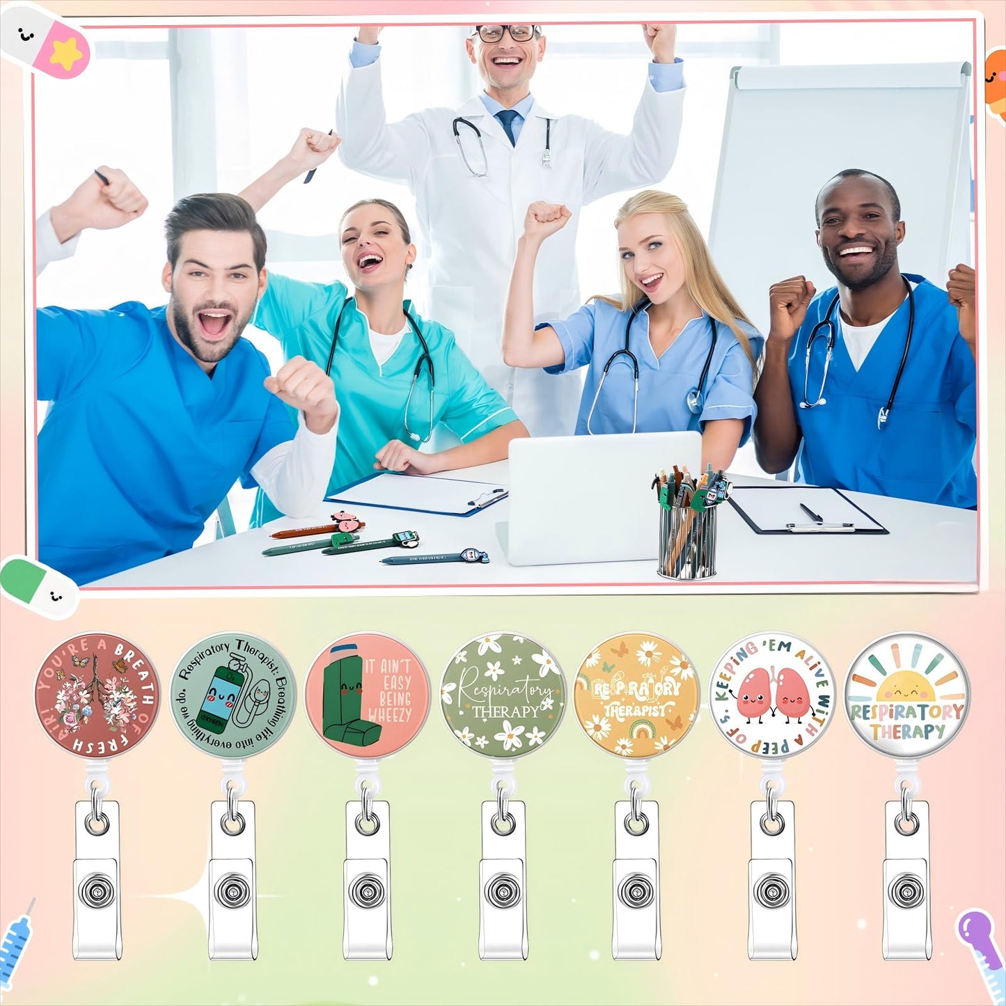 Yexiya 15 Set 2026 Nures Week Gift Bulk Respiratory Lung Inhaler Sign Ballpoint Pen with Badge Reels Appreciation Card Thank You Gift for Respiratory Therapist Nurse Teacher Medical Student