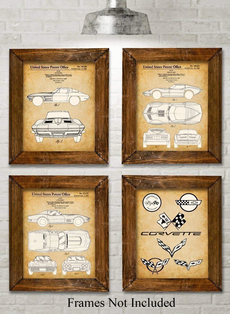 Original Corvette Patent Art Prints - Set of Four Photos (8x10) Unframed - Makes a Great Man Cave Decor and Gift Under $20 for Corvette Owners and Car Enthusiasts