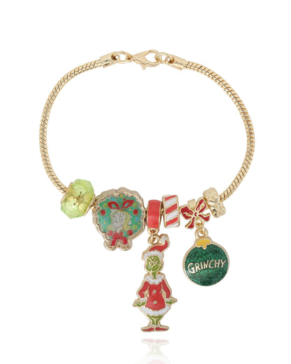 SALLY ROSE The Grinch Charm Bracelet for Women 7", Gold-Tone Grinch Jewelry Official License, Christmas Bracelets