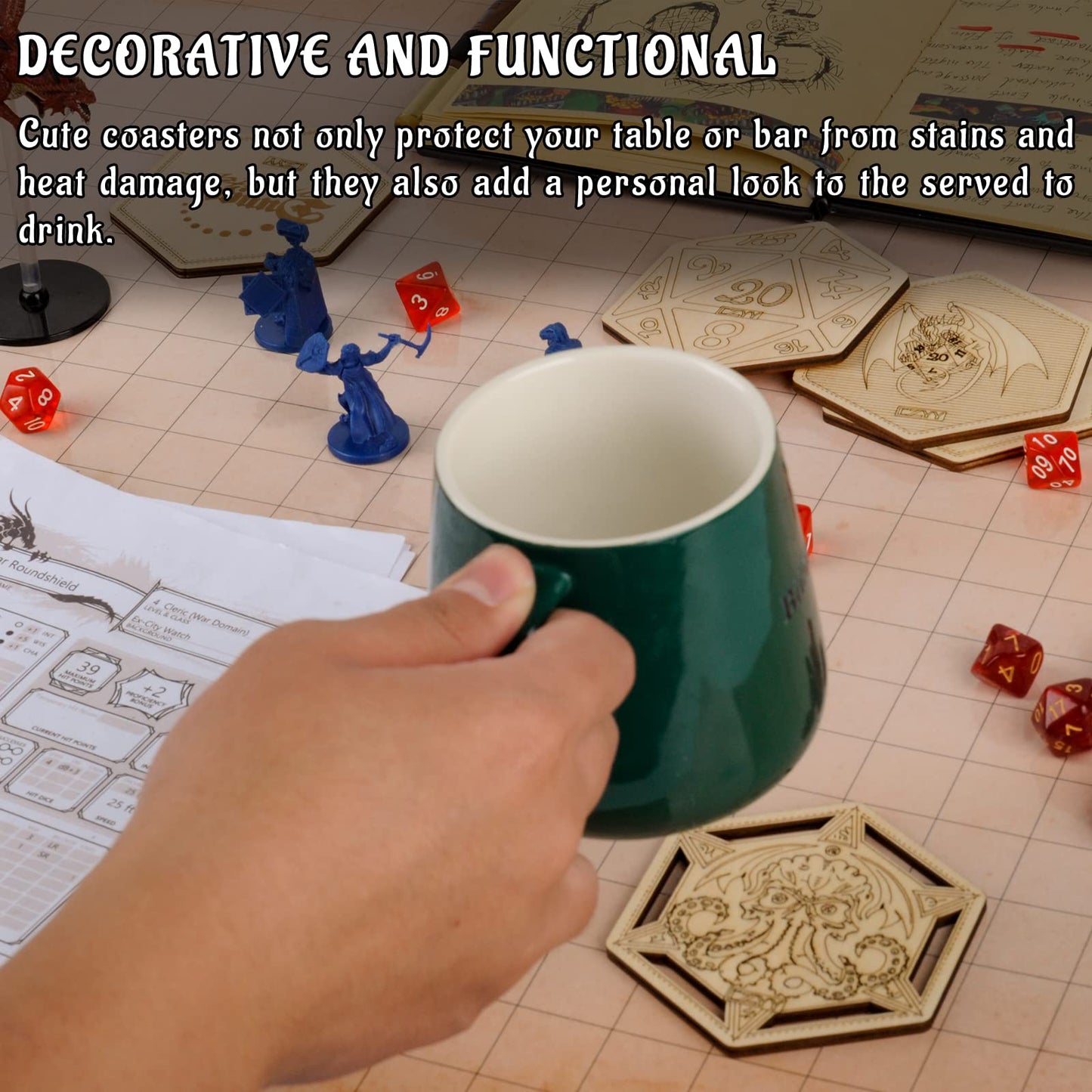 DND Decorative Wood Coasters Cool & Unique Table Mug Cup Mats Laser Engraved with Dragon, D20 and Cthulhu (Set of 5)