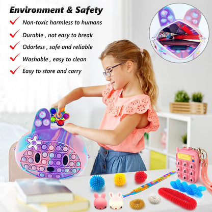 Exun Premade Easter Basket Stuffers Already Filled, Pop Crossbody Purse Bags Fidget Toy Pack, Bunny Shoulder Bag Mini Sensory Toys, 3 4 5 6 7 8 9 10 Year Old Birthday Easter Party Gift for Girls Kids