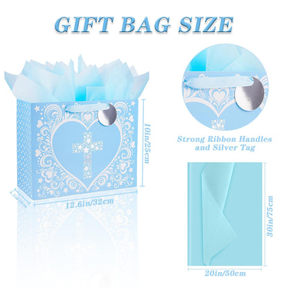 JWSCYSY 12.6" Large Blue Gift Bag with Metallic Silver Star Cross Design, Card and Tissue Paper for Baby Boy Baptisms, Christenings, First Communions Religious
