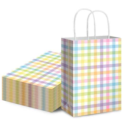 Paterr 24 Pcs Pastel Plaid Paper Gift Bags Spring Gingham Party Favor Bags Colorful Checkered Goodie for Pastel Spring Easter Party Supplies Decoration, 8.3" x 5.9" x 3.1"