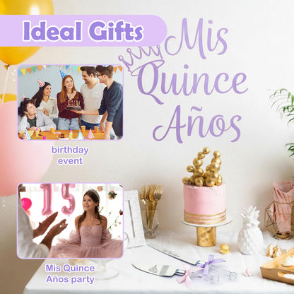 Mis Quince Años Quinceanera Cake Knife and Server Set - Sweet 15 Birthday Gifts for Girls, Feliz 15 Anos Party Decorations & Keepsake, Stainless Steel Cutting Set with Crystal Handles, Silver