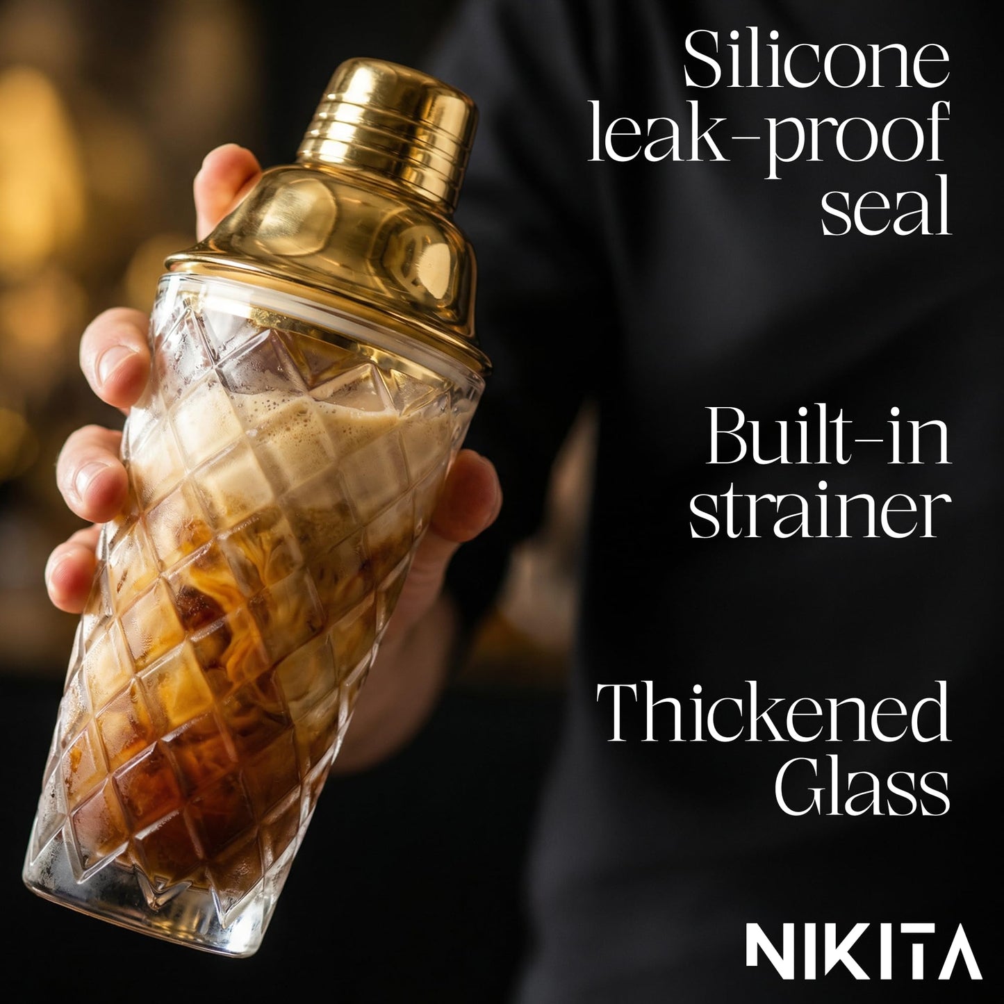 Nikita Cocktail Shaker, 5-Piece Martini Shaker & Bartender Kit with Bar Accessories Strainer, Jigger, Spoon & Muddler, Gold 16oz Drink Mixer with Bartender Accessories