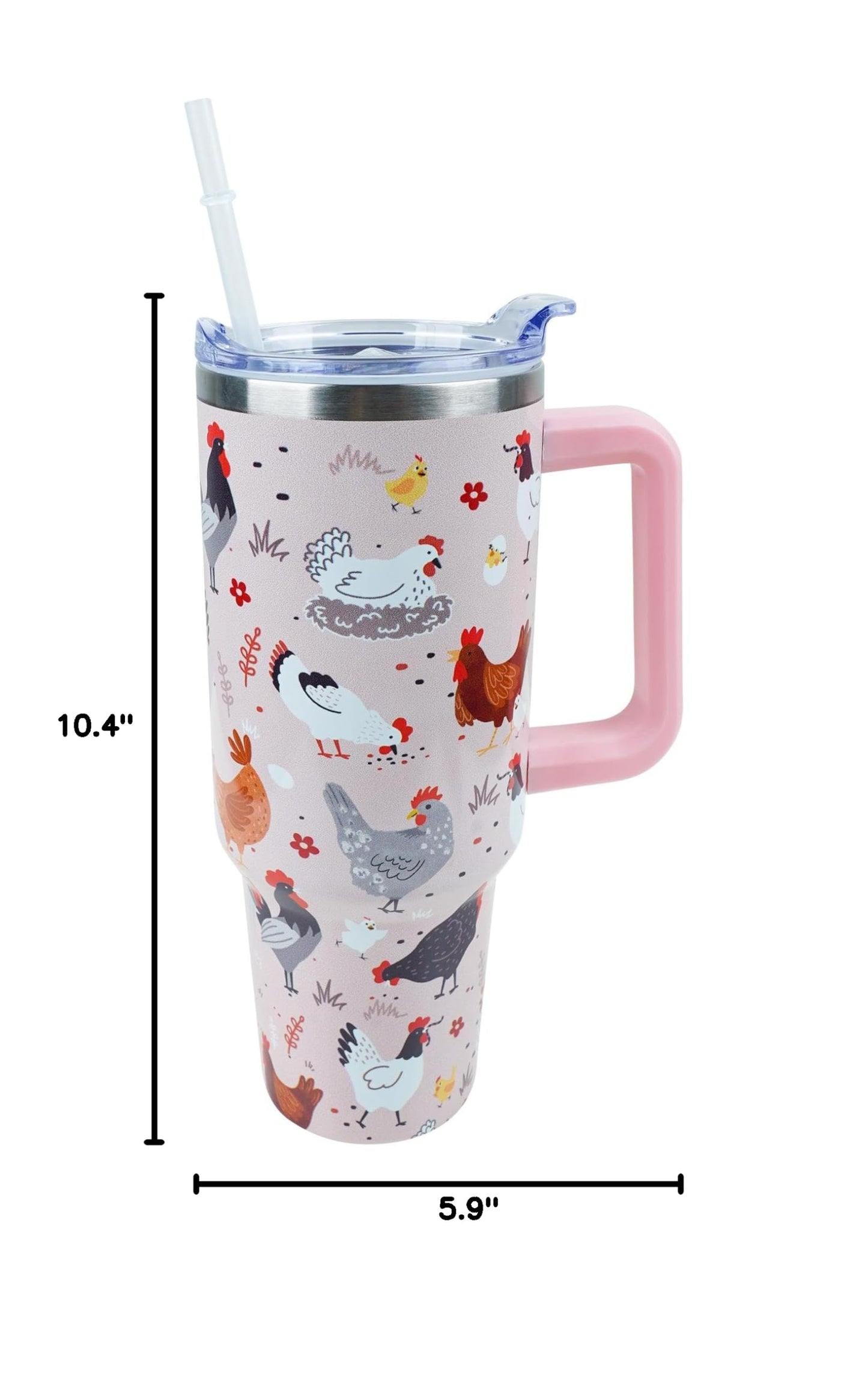 40 oz Tumbler with Handle and Straw Lid Leak Proof, Chicken and Rooster Design Coffee Travel Mug with Handle Insulated for Hot and Cold Drink Ice, Mother's Day Birthday Gifts for Women Mom