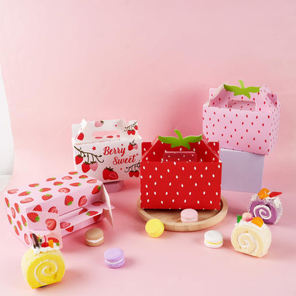 GRADESIN Strawberry Box for Party Favors, 24 Pcs Strawberry Gift Candy Treat Boxes Bags for Berry First Birthday Baby Shower Party Decor Supplies, 6.3 x 3.2 x 3.9 Inch