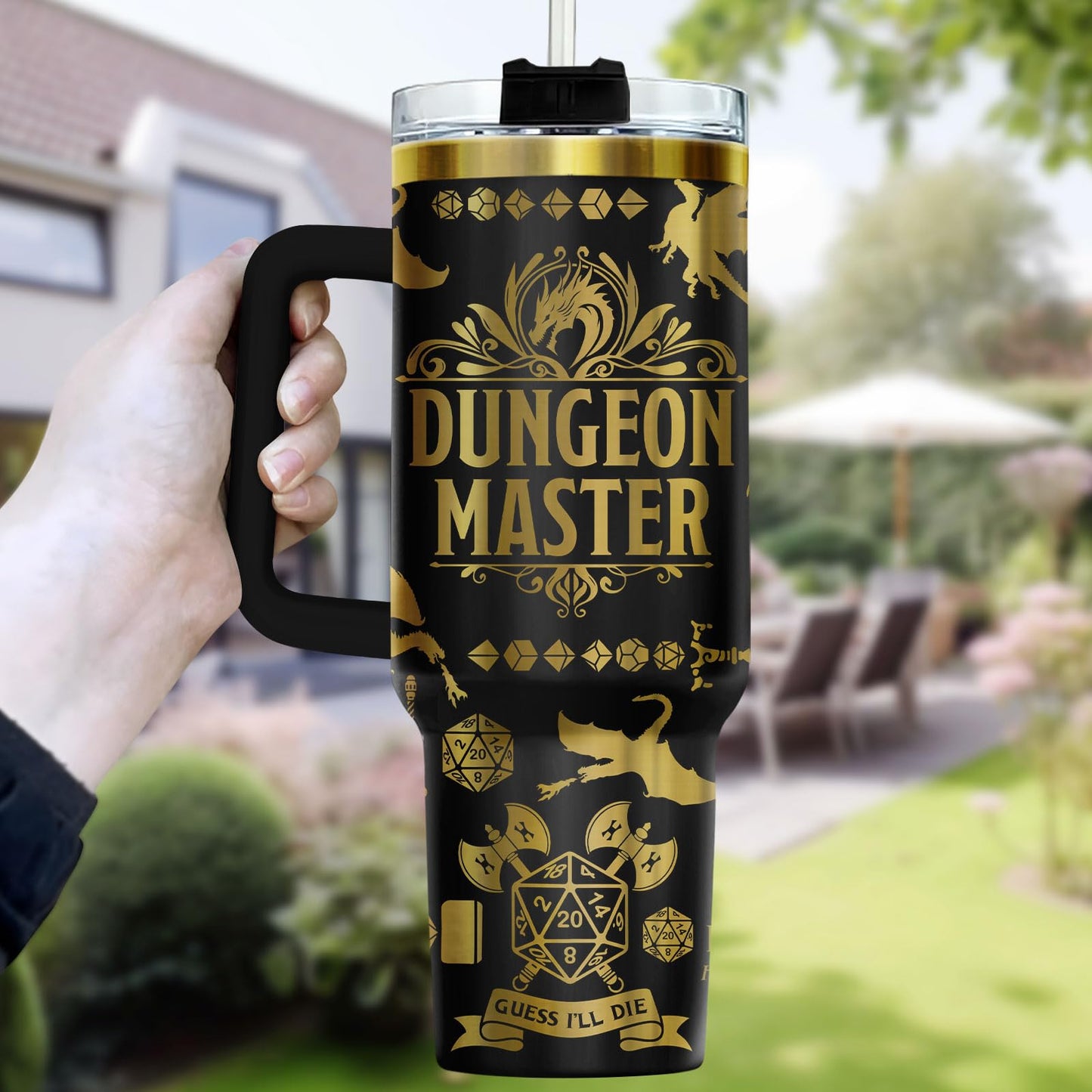 34HD Dungeon Dice Game Tumbler 40oz with Handle and Straw, Master Dragon Laser Engraved Insulated Travel Coffee Cup - Funny Birthday Gifts for Gamers, Friends & BFF
