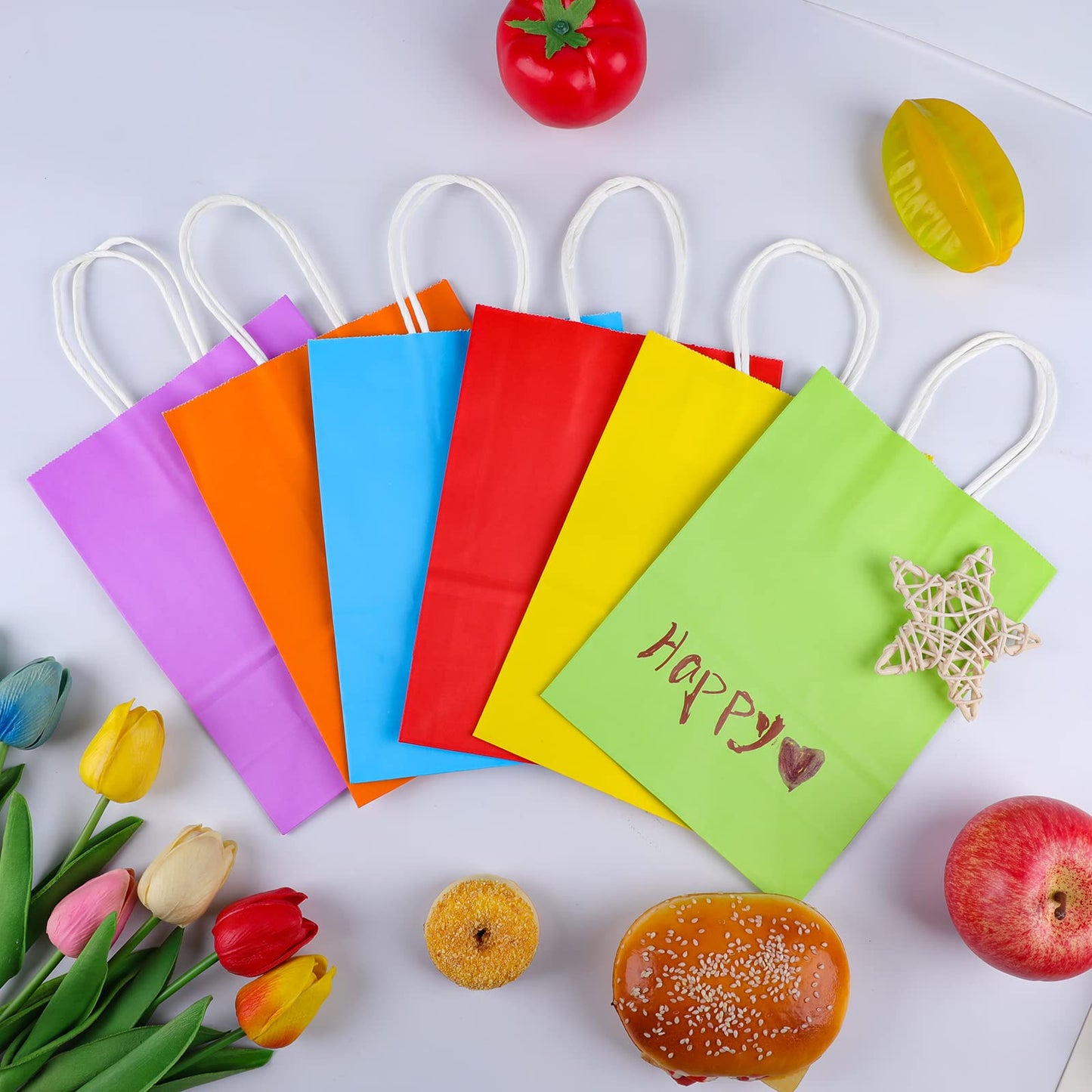 XPCARE 100Pcs Paper Gift Bags,6.3"x3.15"x8.66 Kraft Paper Party Favor Bulk Rainbow Goodie Small Gift Bags with Handles for Kids Birthday Baby Shower Crafts Wedding Party Supplies (6 Colors)
