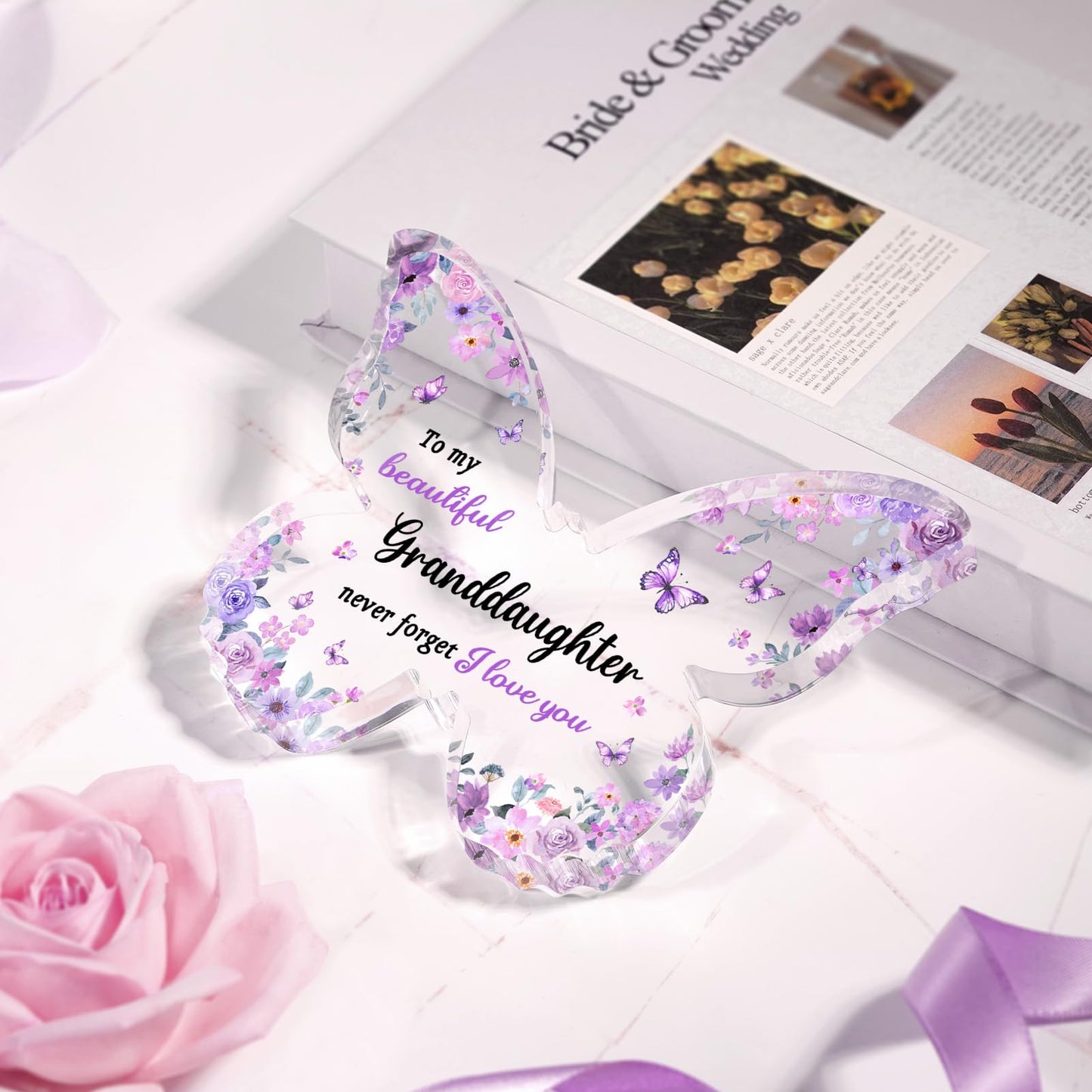 Granddaughter Gifts from Grandma Grandpa - Unique Purple Butterfly Acrylic Plaque Desk Decor - Mothers Day Christmas Valentines Day Graduation Gift for Granddaughter - 5 x 3.8 x 0.5 inches