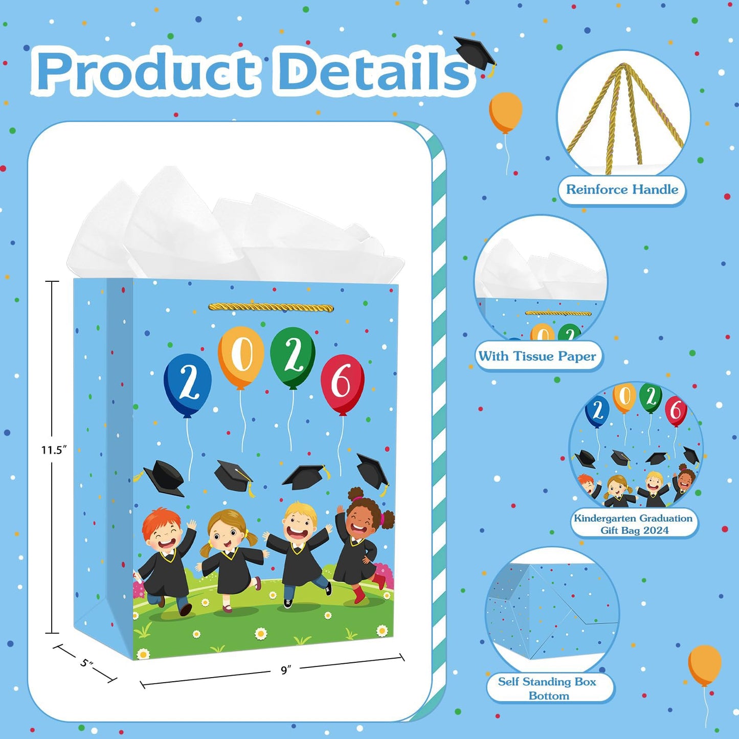 PETCEE Kindergarten Graduation Gift Bags 2026 - Pre K Preschool Graduation Bags with Tissue Paper Class of 2026 Grads Wrapping Paper Gift Bags for Kids Girls Boys Daughter Son Party Favors
