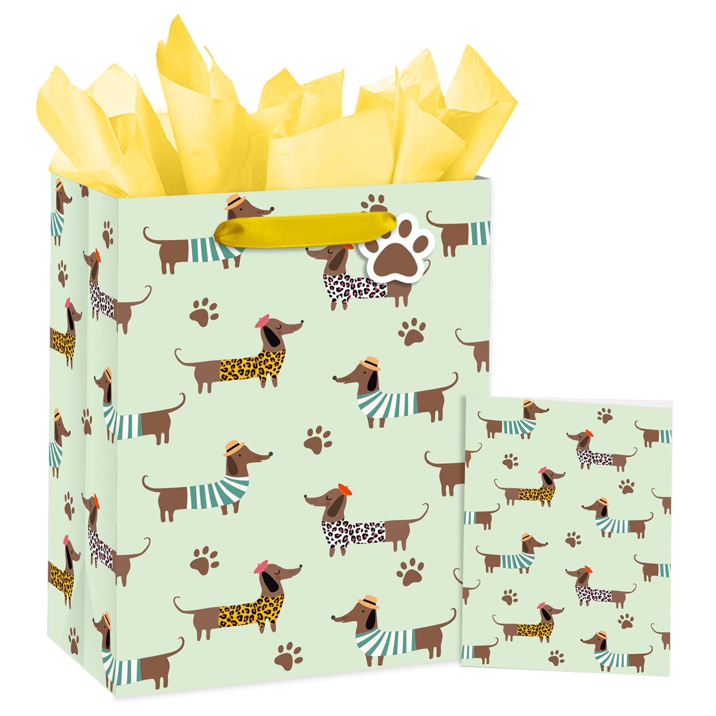 Loveinside Dachshund Gift Bag for Boys Girls, Cut Sausage Dog Dressed-Up Design with Paw Prints, Green Medium Gift Bag with Tissue Paper, Tag, Card for Birthday, Pet Party, 10" x 5" x 13", 1 Pcs