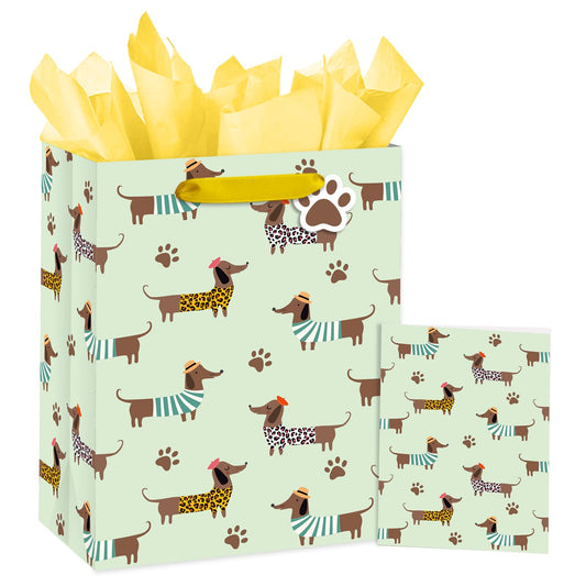 Loveinside Dachshund Gift Bag for Boys Girls, Cut Sausage Dog Dressed-Up Design with Paw Prints, Green Medium Gift Bag with Tissue Paper, Tag, Card for Birthday, Pet Party, 10" x 5" x 13", 1 Pcs